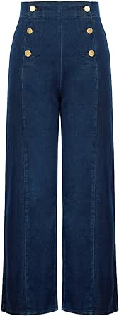 Belle Poque Women's High Waisted Wide Leg Jeans Button Decorated Casual Stretchy Demin Pants with Pockets