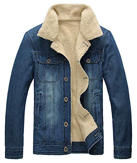HOWON Men's Plus Cotton Warm Fur Collar Sherpa Lined Denim Jacket Button Down Classy Casual Quilted Jeans Coats Outwear