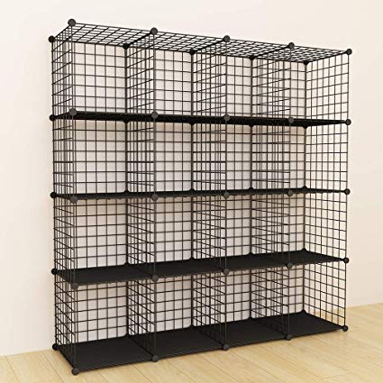 SIMPDIY Bookshelf Portable Storage 16 Cubes Black Wire Grid Wire Cube Storage Space-Saving Metal Organizer Wire Modular Shelf