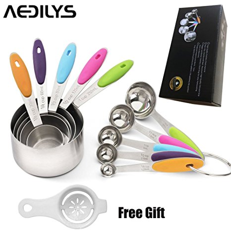 AEDILYS 10 Piece Best Measuring Spoons/ Measuring Cups for Dry & Liquid Ingredients （Free Egg Separator） - Ergonomic Design With Slip Resistant Silicone Handles - Perfect for Baking & Cooking