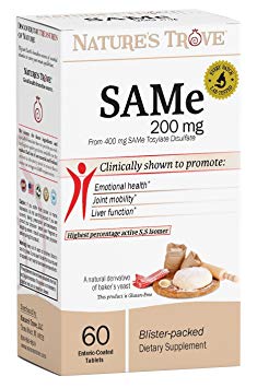 SAM-e 200mg Daily Supplement - Promotes Positive Mood And Joint Comfort - Vegan, Kosher, Non-GMO, Soy Free, Gluten Free - 60 Enteric Coated Caplets - Cold Form Blister Packed - by Nature’s Trove