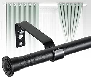 Harrms 16mm Curtain Poles for Eyelet Curtains, Matt Black Voile Curtain Pole 76-152cm, Curtain Rod Metal with Adjustable Brackets and Cap Finials for Bedroom, Living Room