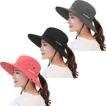 3 Pieces Women's Outdoor Ponytail Safari Sun Hat Foldable Mesh Wide Brim Beach Fishing Hat