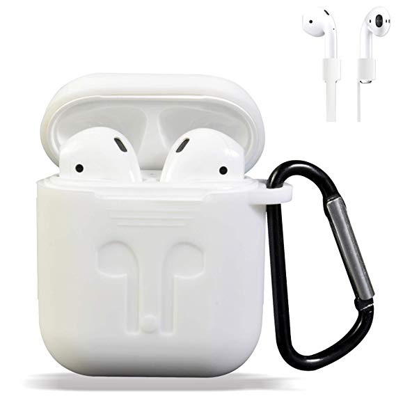 AirPods Case Cover, Silicone Protective Case and Skin for Airpods Charging Case with Airpods Anti-Lost Strap/Airpods Hooks,[Buy 1 Get 5 Accessories] (White)