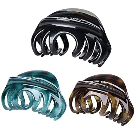 fani 3Pcs Large Hair Claw Clips, Strong Hold Pretty Hair Clip Hair Grip for Thick Long Hair, 4 Inch Chic Hair Barrettes Banana Clips Clamp Accessories for Women (Black, Amber, Blue）