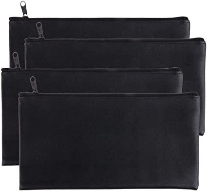 Zipper Bank Bags ,4 Pack Money Pouch Bank Deposit Bag PU Leather Cash and Coin Pouch bank envelopes with zipper (Black)