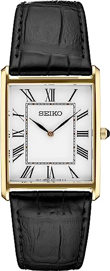 SEIKO Square Gold Black Leather mens Watch SWR052