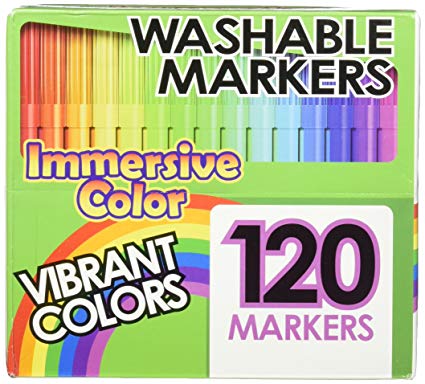 Washable Markers Set GIANT BOX OF 120 INDIVIDUAL COLORS Water Soluble Ink - Washes Off Clothing and Skin - Ultra Clean Pen Design - Fine Felt Tip - Perfect for Toddlers, Kids, Students, & Teachers