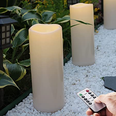4X10 inch Large Outdoor IP44 Warm White LED Rainproof Waterproof Candles, Huge Flameless Battery LED Pillar Candle with Remote and Timer, Resin, No Melt, 2 Pack