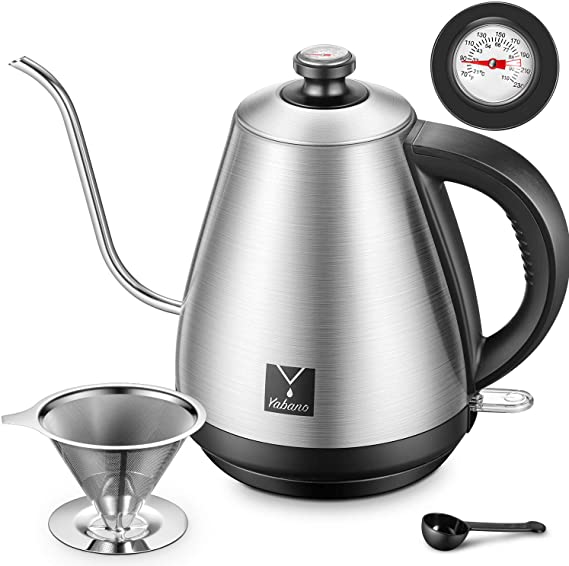 Pour Over Coffee Kettle with Coffee Dripper and Thermometer, 34oz/1.0L, Electric Gooseneck Coffee Kettle for Drip Coffee, Tea, Stainless Steel Coffee Teapots Kettle, Auto Shut-Off, 1000W, by Yabano