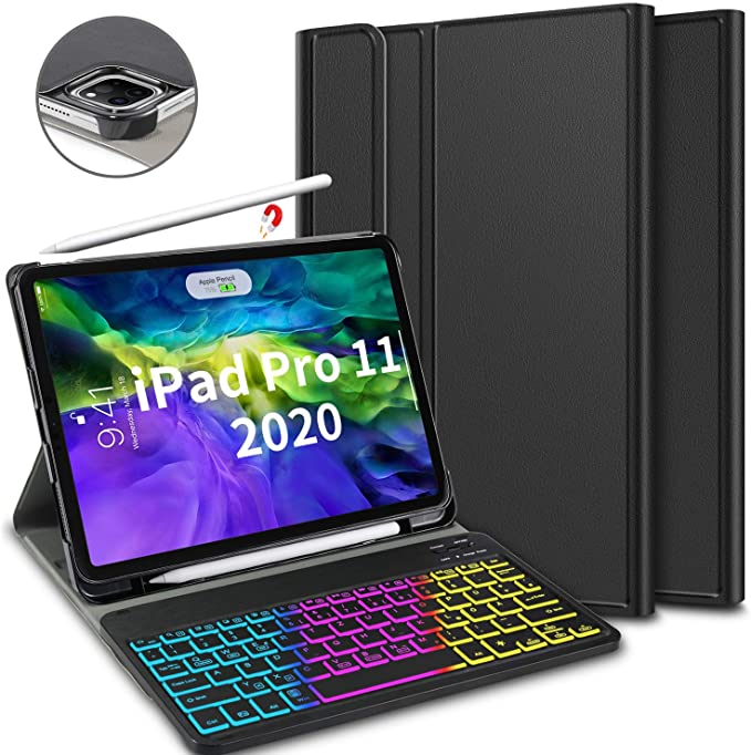 IVSO Keyboard Case for iPad Pro 11 2020 & 2018 - Magnetically Detachable Wireless Keyboard with Pencil Holder [Support Apple Pencil Charging] - PU Leather Folio Stand Cover - 7 Colors Backlit, Black