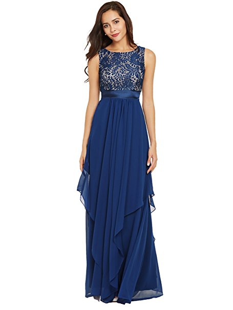 Tanpell Women's Scoop Neck Lace Draped Zipper-Up Ankle-Length Evening Dress