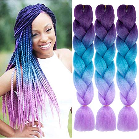 Synthetic Braiding Hair Bundles Kanekalon Hair Ombre Twist Braiding Hair Fiber Jumbo Hair Extensions for Women (3 Bundles, Purple-Lake Blue-Light Purple)