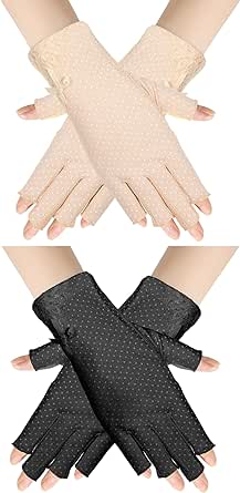 Boao 2 Pieces Women Sunscreen Fingerless Gloves UV Protection Half Finger Sunblock Gloves for Driving Riding Fishing Golfing Outdoor Activities