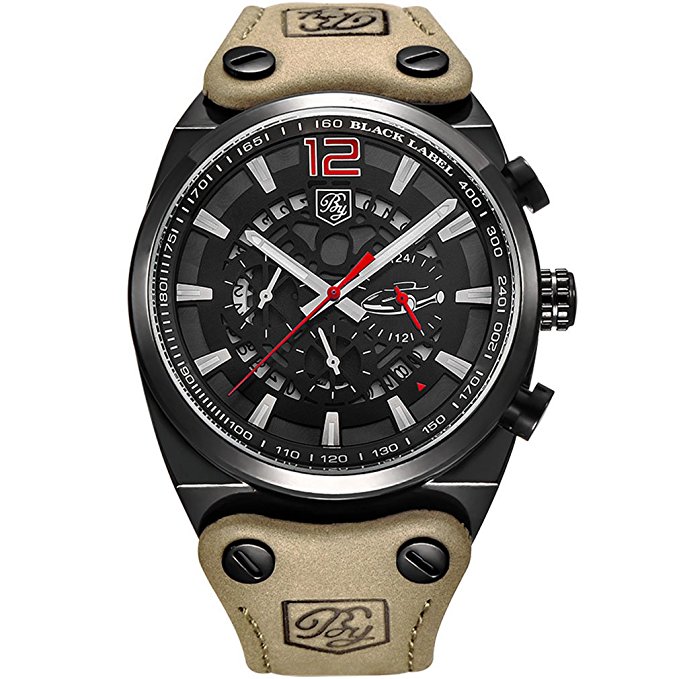 BENYAR Cool Men's Quartz Chronograph Waterproof Watches Sport Military Brown Leather Band Strap Wrist Watch