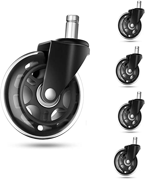 Swivel PU Caster Wheels Set of 5 Office Chair Rollerblade Castors Rubber Replacement Hardwood Floors Perfect Black (2.5 Inches,11X22mm)