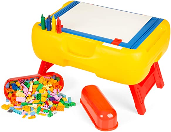 3 in 1 Kids Activity Table Set - Portable Building Brick Table, Craft Station and Learning Table - Includes 300 Blocks, 4 Crayons and 4 Sheets of Paper