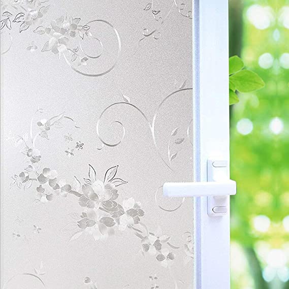 Frosted Privacy Window Film, No-Glue Stained Glass Window Decor/Privacy Protection/Heat Control/Anti UV, Iron Flower Stained Glass Static Cling for Home/Office, 17.7x78.7 inch