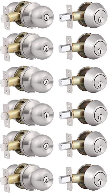 6 Pack Keyed Alike Entry Door Knobs and Single Cylinder Deadbolt Lock Combo Set Security for Entrance and Front Door with Classic Satin Nickel Finish