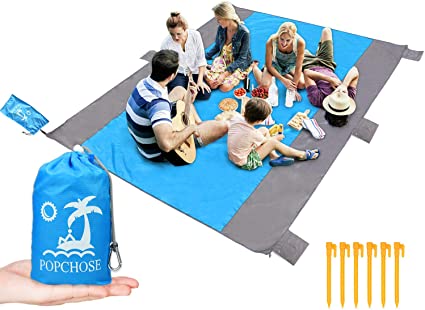 POPCHOSE Sandfree Beach Blanket, Large Sandproof Beach Mat for 4-7 Adults, Waterproof Pocket Picnic Blanket with 6 Stakes, Outdoor Blanket for Travel, Camping, Hiking