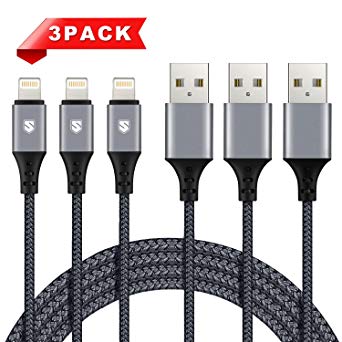 Sundix iPhone Charger 6FT Lightning Cable iPhone 8 Charger Nylon Braided iPhone Charging Cord Compatible with iPhone X 8 8Plus 7 7Plus 6s 6sPlus 6 6Plus SE 5 5s 5c iPad iPod & More 3 Pack(Grey)