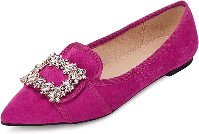 Juliet Holy Womens Ballet Flats Pointed Toe Rhinestones Buckle Comfortable Slip-on Flat Shoes