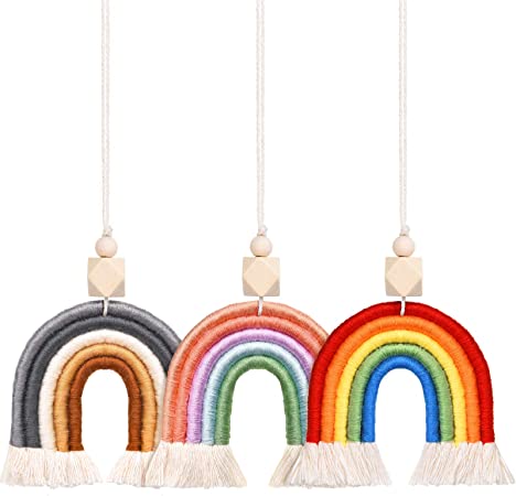 3 Pieces Boho Rainbow Car Charm Macrame Wooden Beads Mirror Hanging Accessories Essential Oil Car Diffuser Colorful Air Freshener Decor Home Wall Hanging Decoration