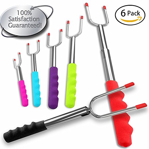 ELLECK Marshmallow Roasting Sticks Set of 5 Smores Skewers and Silicone Brush / Hot Dog Fork 34 Inch Telescoping Extendable Steel Fork Kit - Patio Fire Pit, Kids Camping, Campfire, Bonfire & BBQ Kit