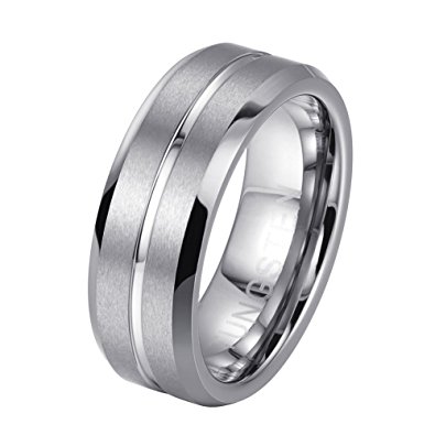 tiitc 8mm Memorial Rings for Men High Polished Center and Matte Finish Men's Tungsten Ring Wedding Band Comfort Fit
