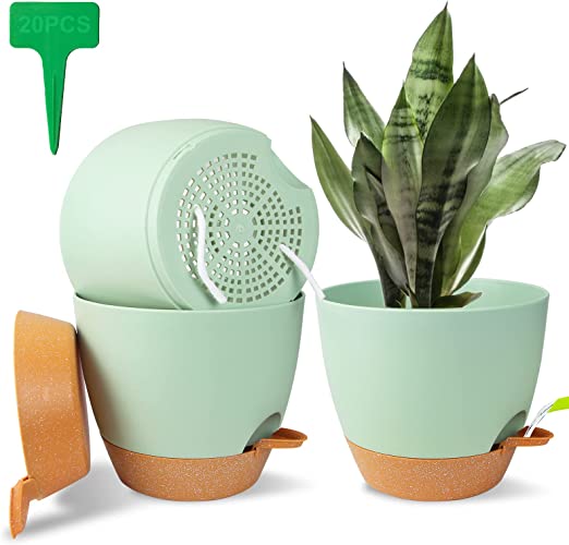 STURME 15CM Plant Pots Indoor 3 Pack, Self Watering Plant Pots with Drainage Holes,Saucers and Reservoir,Suitable for flowers, plants Indoor modern fashion decorative Plastic Plant Pots.(Green)