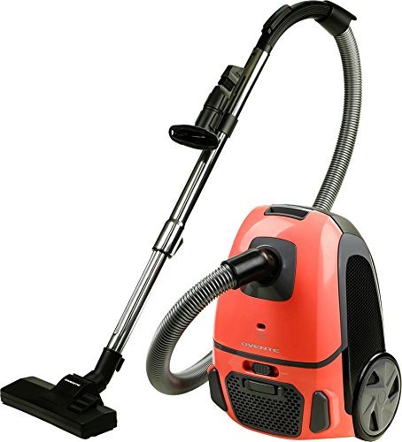 Ovente Canister Vacuum with Tri-Level Filtration: Dust Bag, Outlet HEPA Filter, and Inlet Filter, 1400W, Energy-Saving Variable Suction, 1.5M Crush-Proof Hose, Automatic Cable Rewind, Coral (ST1600C)