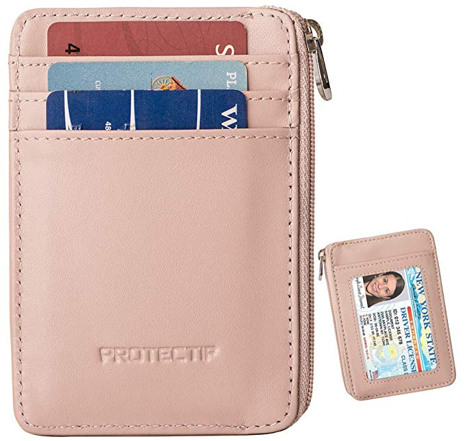 RFID Blocking Sleeves Minimalist Front Pocket Leather Wallet for Women, RFID Safe Sleeve Mini Slim Wallet Card Holder with Zipper and ID Window