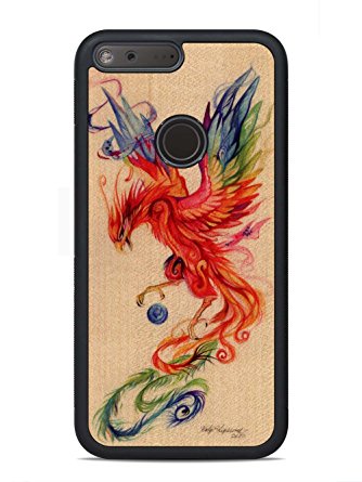 Katy Lipscomb Regal Phoenix Print by Carved - Google Pixel XL Wood Case - Traveler Rubber Bumper Shell with Real All Wooden Cover