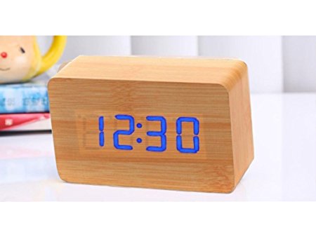 Wooden Digital Clock - Blue LED and Bamboo Color - With Alarm Clock, Date and Tempature