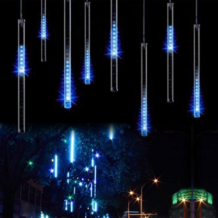 Minger Waterproof LED Falling Rain Lights with 30cm 8 Tube 144 LEDs, Meteor Shower Lights, Icicle Snow Fall String LED Cascading Lights for Wedding, Party, Holiday, Xmas Decoration (Blue)