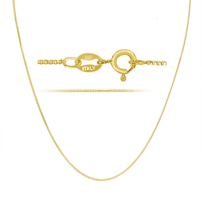 18k Gold over Sterling Silver 1mm Box Chain Necklace Made in Italy Available 14 inch- 40 inch
