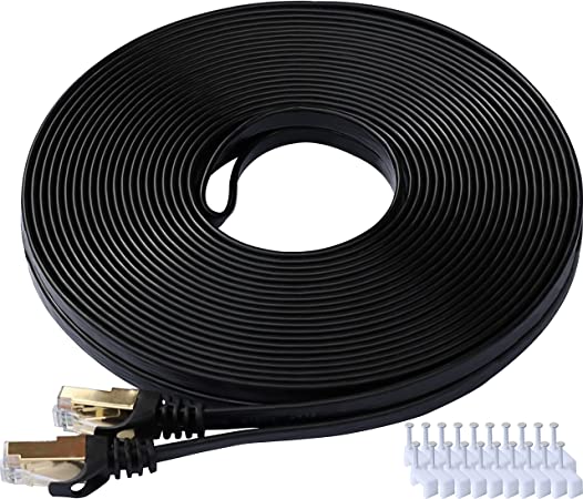 Ethernet Cable 50 Ft Supports Cat 8 / Cat 7 Standard Internet Cable Flat Gigabit High Speed Shielded RJ45 LAN Cable for PS4, Xbox, Router, Modem, Gaming, Black