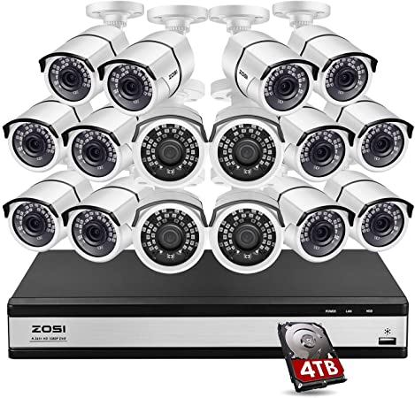 ZOSI H.265  16 Channel Security Camera System 1080p,16 Channel DVR with Hard Drive 4TB and 16 x 1080p Surveillance CCTV Camera Outdoor Indoor with 120ft Night Vision,105°Wide Angle, Remote Access