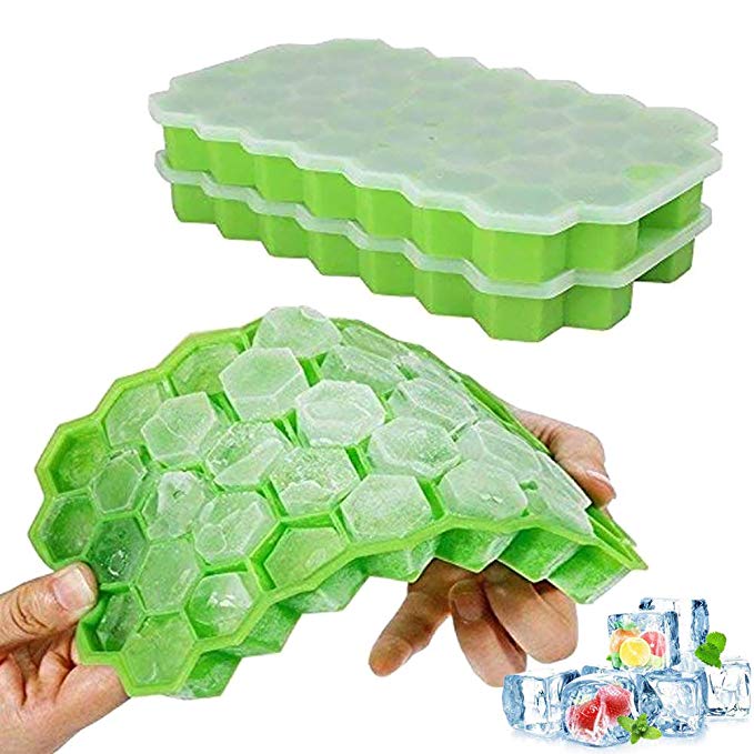 Ice Cube Trays, Ouddy 2 Pack Silicone Ice Cube Molds with Removable Lid, Totally 74-Ice Trays for Whiskey, Cocktail, Stackable Flexible - Green