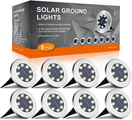 INCX Solar Ground Lights Outdoor, 8LED Solar Garden Lights IP65 Waterproof, Solar Disk Lights for Pathway, Yard, Deck, Patio, Walkway, Cold White, 8 Pack
