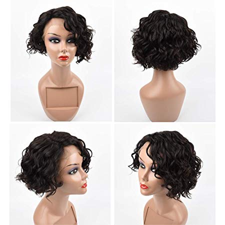 Curly Messy Bob Human Hair Wig Chic Short Side - Parted Wavy Brunette Bob Wigs T Lace Front Water Deep Wave Natural Black Human Hair Wig for Women