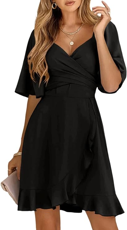 Dokotoo Women's Wrap V Neck Short Flared Sleeve Wedding Guest Dress Smocked Elastic Waist Tiered Belted Ruffle Hem Mini Dress