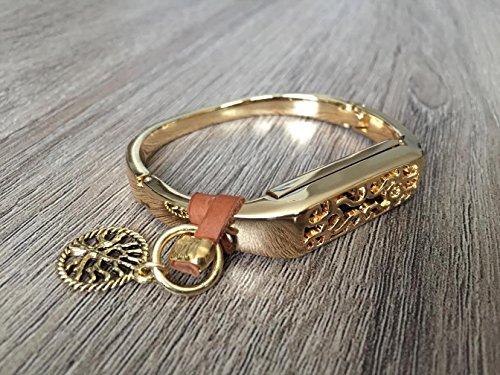 Small Gold Metal Band For Fitbit Flex 2 Activity Tracker Jewelry Bangle With Brown Leather & Gold Tree Of Life Charm Decoration Fitbit Flex 2 Bracelet