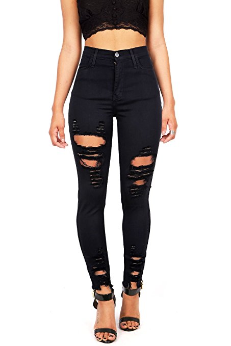 Vibrant Women's Juniors High Rise Jeans w Heavy Distressing