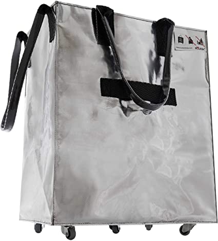 HULKEN - (Single Large, Silver) Reusable Grocery/Laundry Bag On Wheels, Shopping Trolley, Lightweight, Carries Up To 66 lb, Folds Flat, 3 Built-In Handles