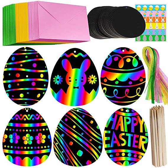 Supla 30 Set Scratch Easter Eggs Ornaments Magic Color Scratch Art Rainbow Easter Day Egg Cutouts with Holes and Ribbons Scratching Tools Envelopes Stickers for Kids Church Classroom