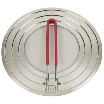 Splatter Screen with Folding Silicone Red Handle - High Quality Stainless Steel - Perfect Cooking Premium Grease Guard - 100% Satisfaction Guarantee