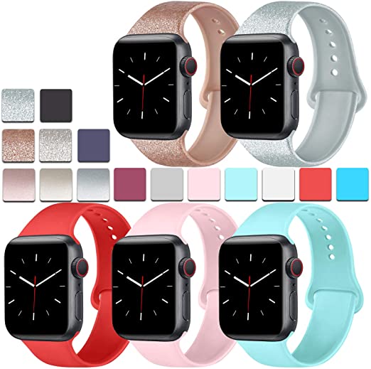 [Pack 5] Silicone Bands Compatible for Apple Watch Band 38mm 40mm 42mm 44mm Strap Compatible for Apple iWatch Series 5 4 3 2 1 (Light Blue/Shine Rosegold/Shine Silver/Orange red/Pink, 42mm/44mm-S/M)