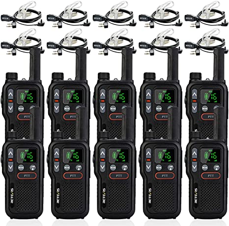 Retevis RB618 Walkie Talkie with Earpieces, PMR446 License Free, LED Flashlight, Dual PTT, Squelch VOX, Walkie-Talkie Rechargeable, CTCSS/DCS TOT, 2 Way Radio(10Pcs, Black)