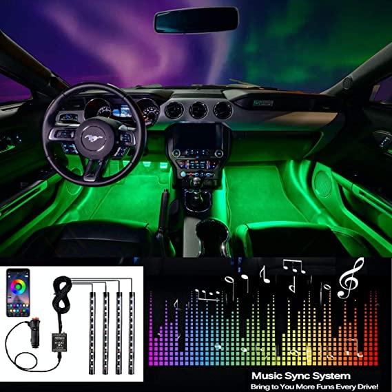 EXPERTBEAM Car Interior Lights, Truck Lights Interior Lighting Kits, 8 colors 4 pcs 48 LED Multi Color Car LED Strip Lights, New App Control Under Dash Lighting Kit DC 12V